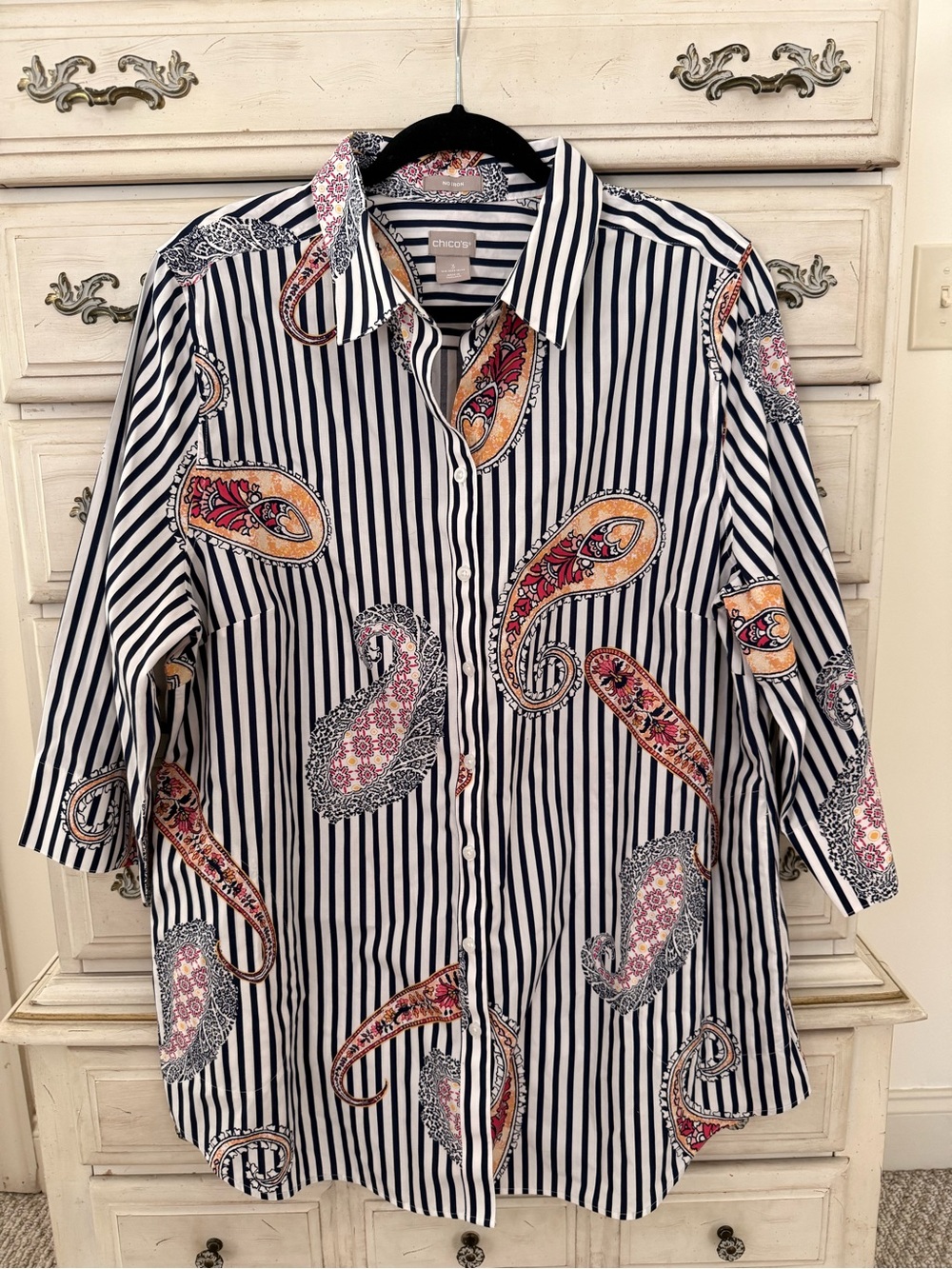 Chico's Black & White Striped Button-Down with Paisley Accents